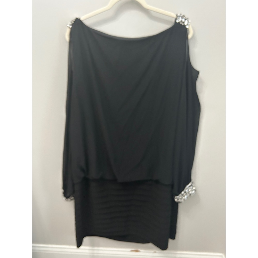 Betsy Adam Black Chiffon Blouson Dress Crystal Shoulder Cuff Plus 22W - Picture 5 of 6